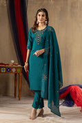 Rama color Roman silk kurta pant set with decorative sequins and thread embroidery.