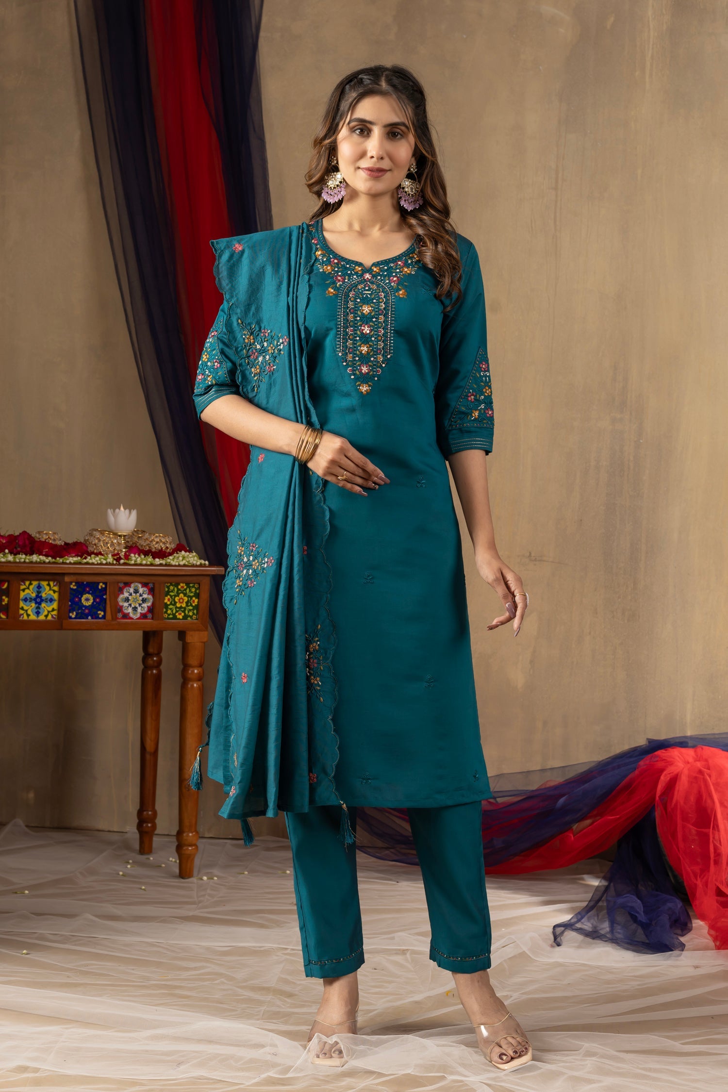 Rama Roman Silk Kurta Pant Set with Sequin Embroidery Detail