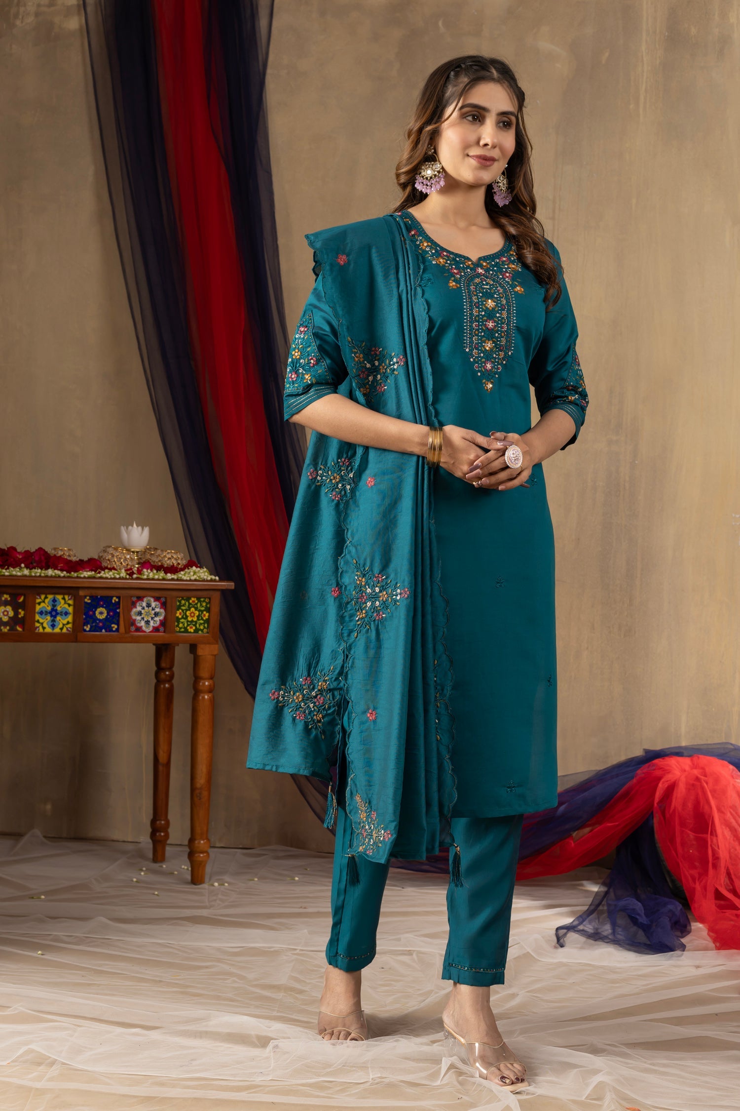 Rama Roman Silk Kurta Pant Set with Sequin Embroidery Detail