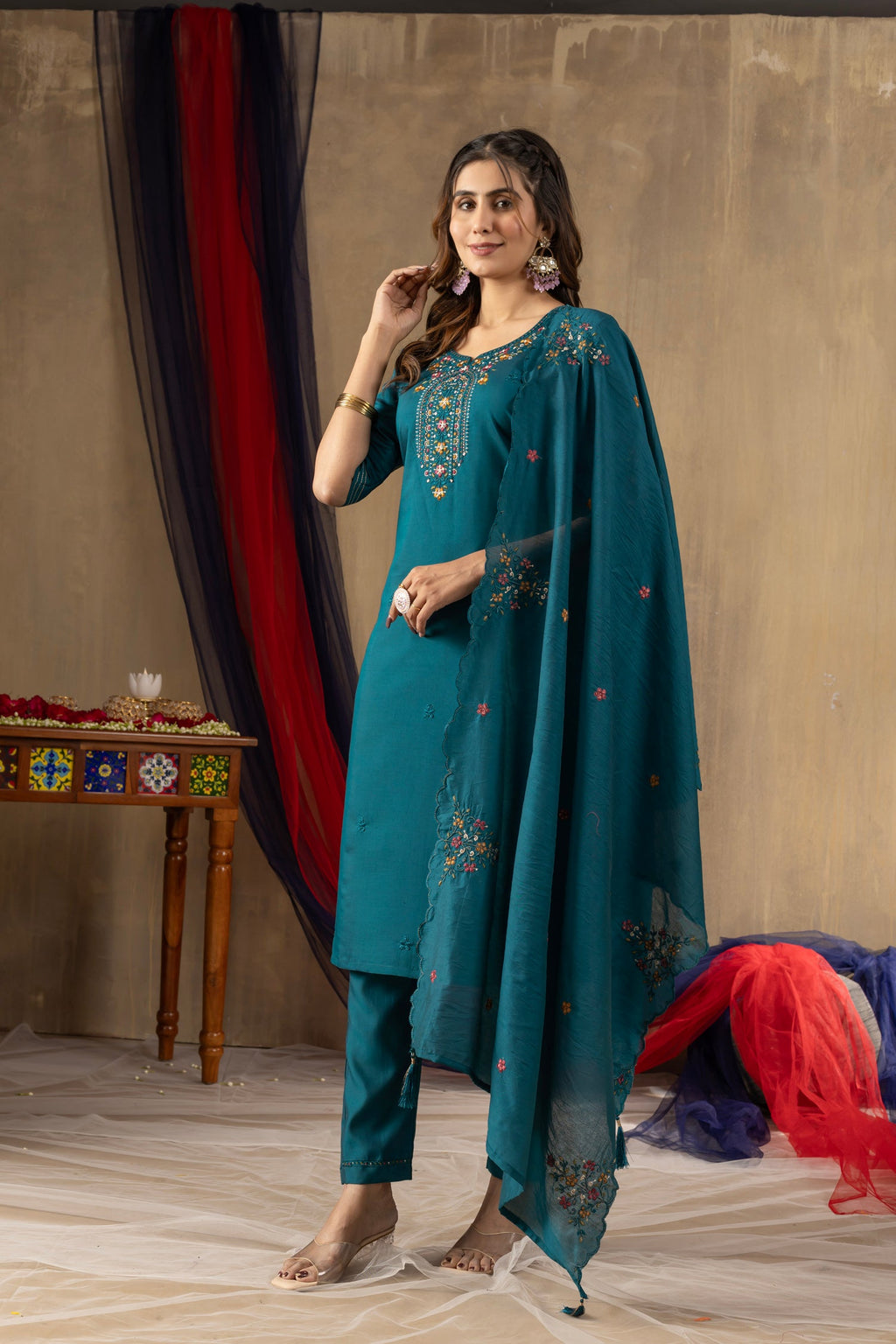 Rama Roman Silk Kurta Pant Set with Sequin Embroidery Detail