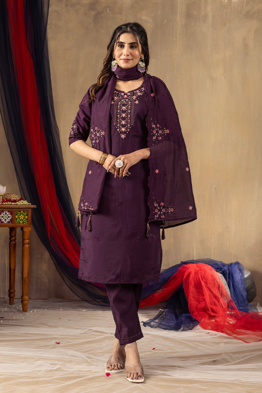 Wine Roman Silk Kurta Pant Set with Sequin Embroidery and Hand Work
