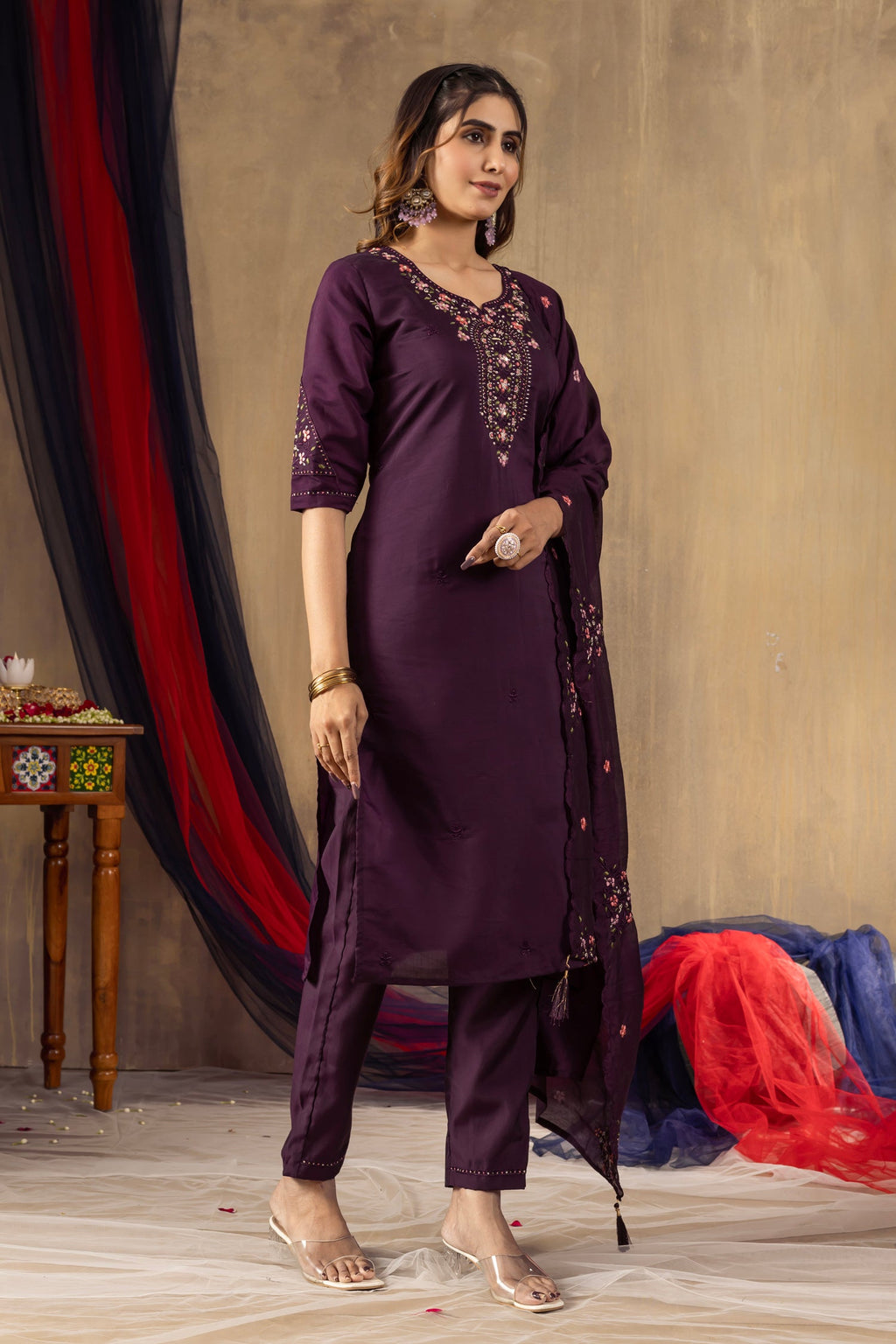 Wine Roman Silk Kurta Pant Set with Sequin Embroidery and Hand Work