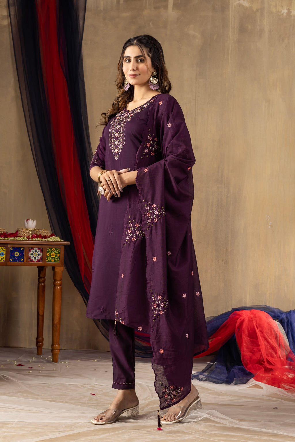 Wine Roman Silk Kurta Pant Set with Sequin Embroidery and Hand Work