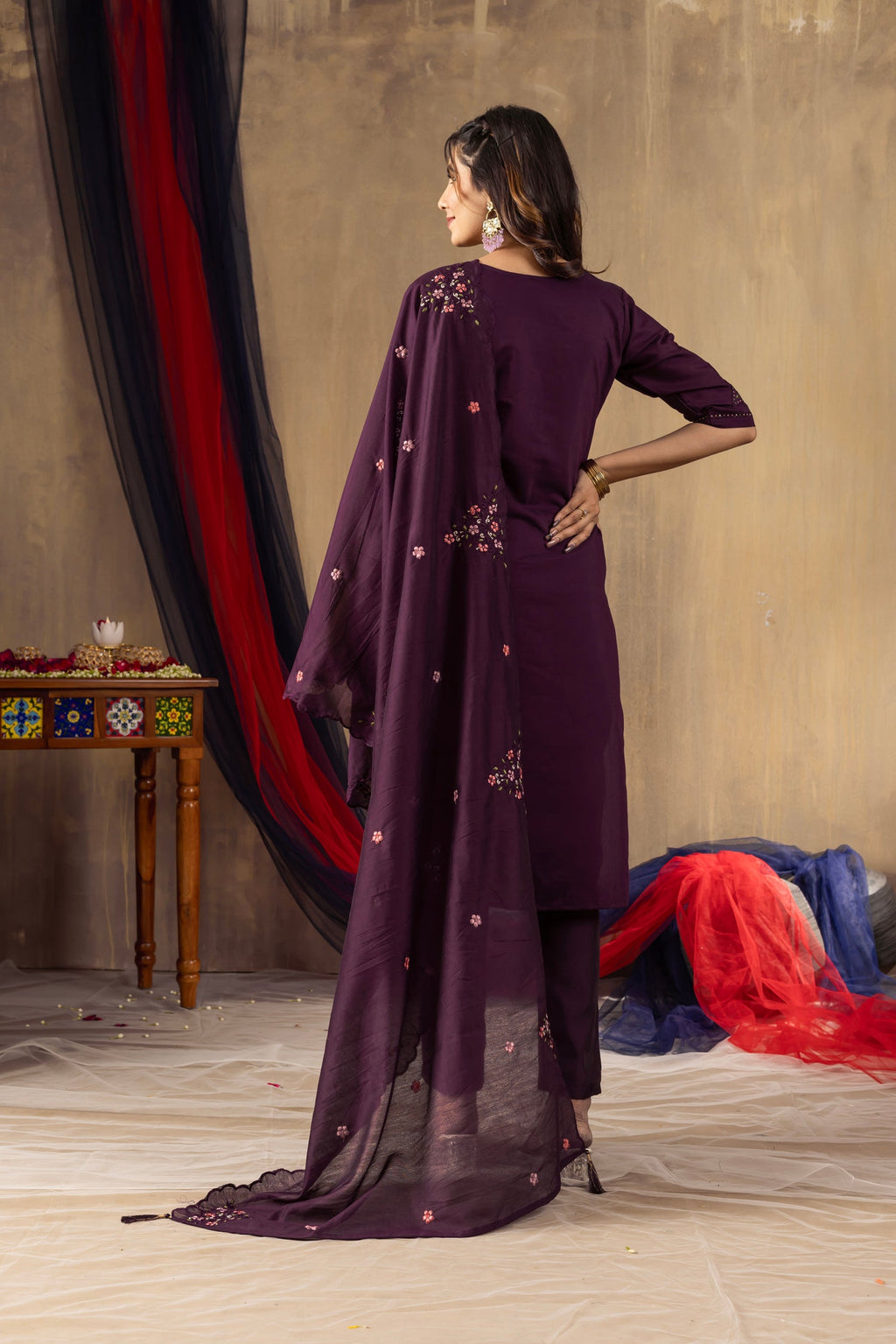 Wine Roman Silk Kurta Pant Set with Sequin Embroidery and Hand Work