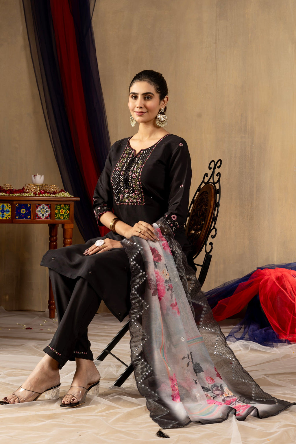 Black Roman Silk Kurta Set with Hand-Embroidered Sequins