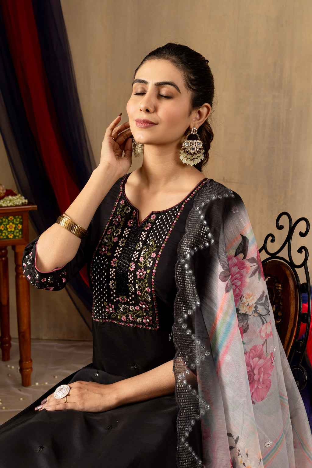 Black Roman Silk Kurta Set with Hand-Embroidered Sequins