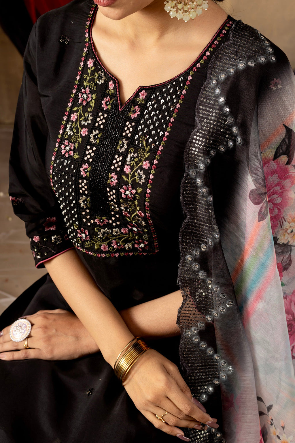 Black Roman Silk Kurta Set with Hand-Embroidered Sequins