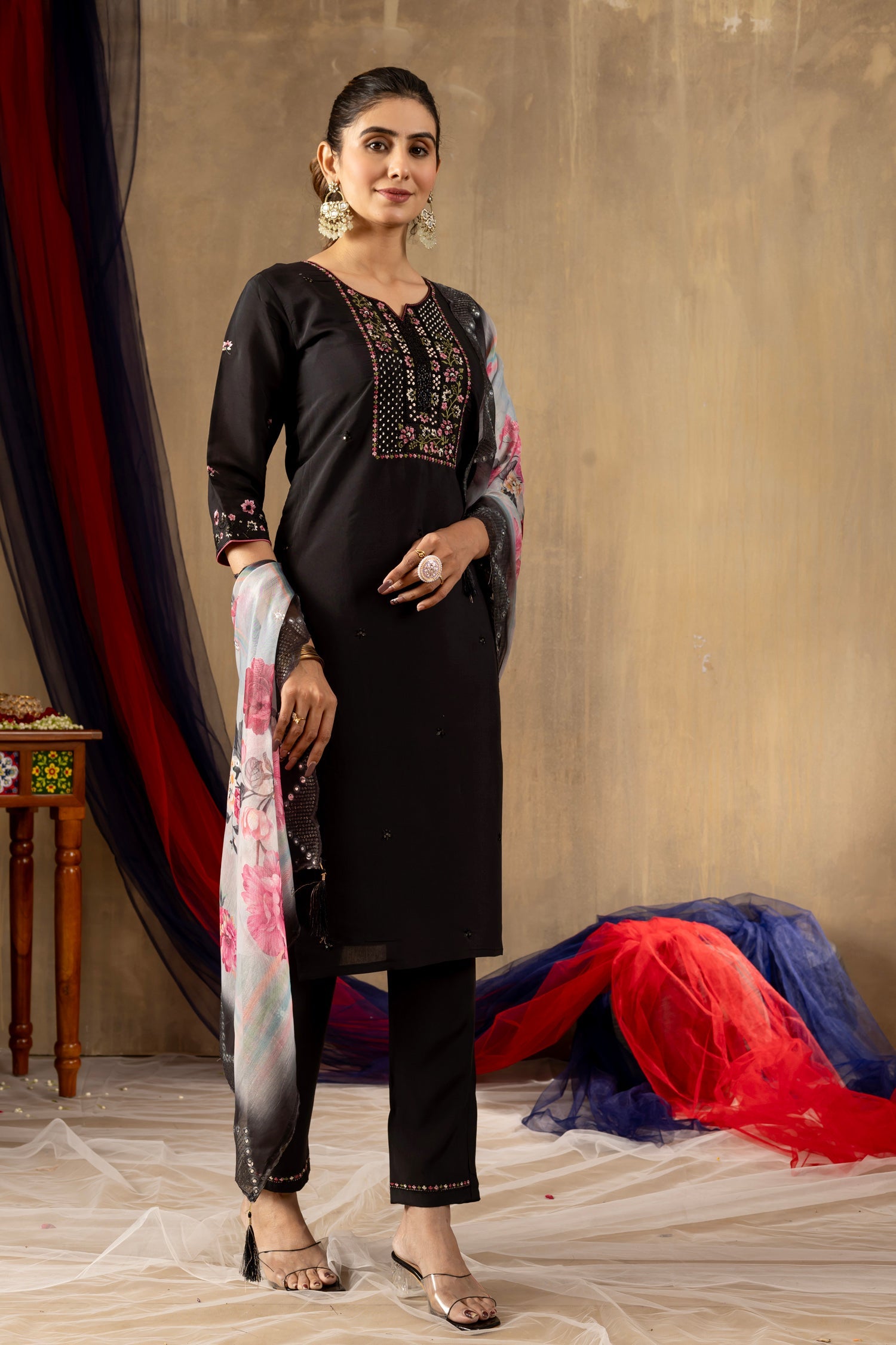 Black Roman Silk Kurta Set with Hand-Embroidered Sequins