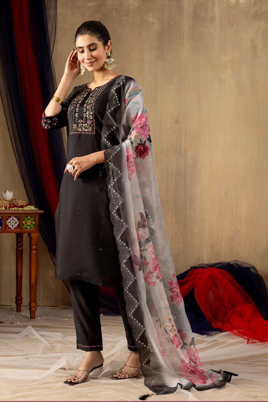 Black Roman Silk Kurta Set with Hand-Embroidered Sequins