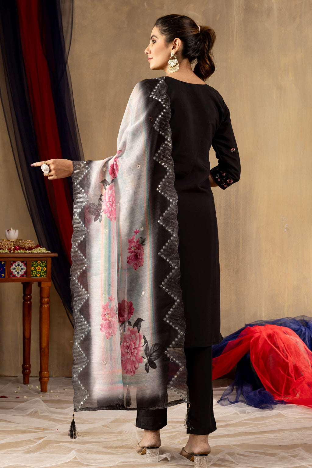 Black Roman Silk Kurta Set with Hand-Embroidered Sequins