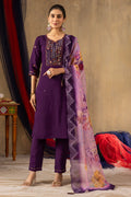A beautiful purple Roman silk kurta set featuring multi-thread embroidery, hand-work, and sequins with matching pants and dupatta.