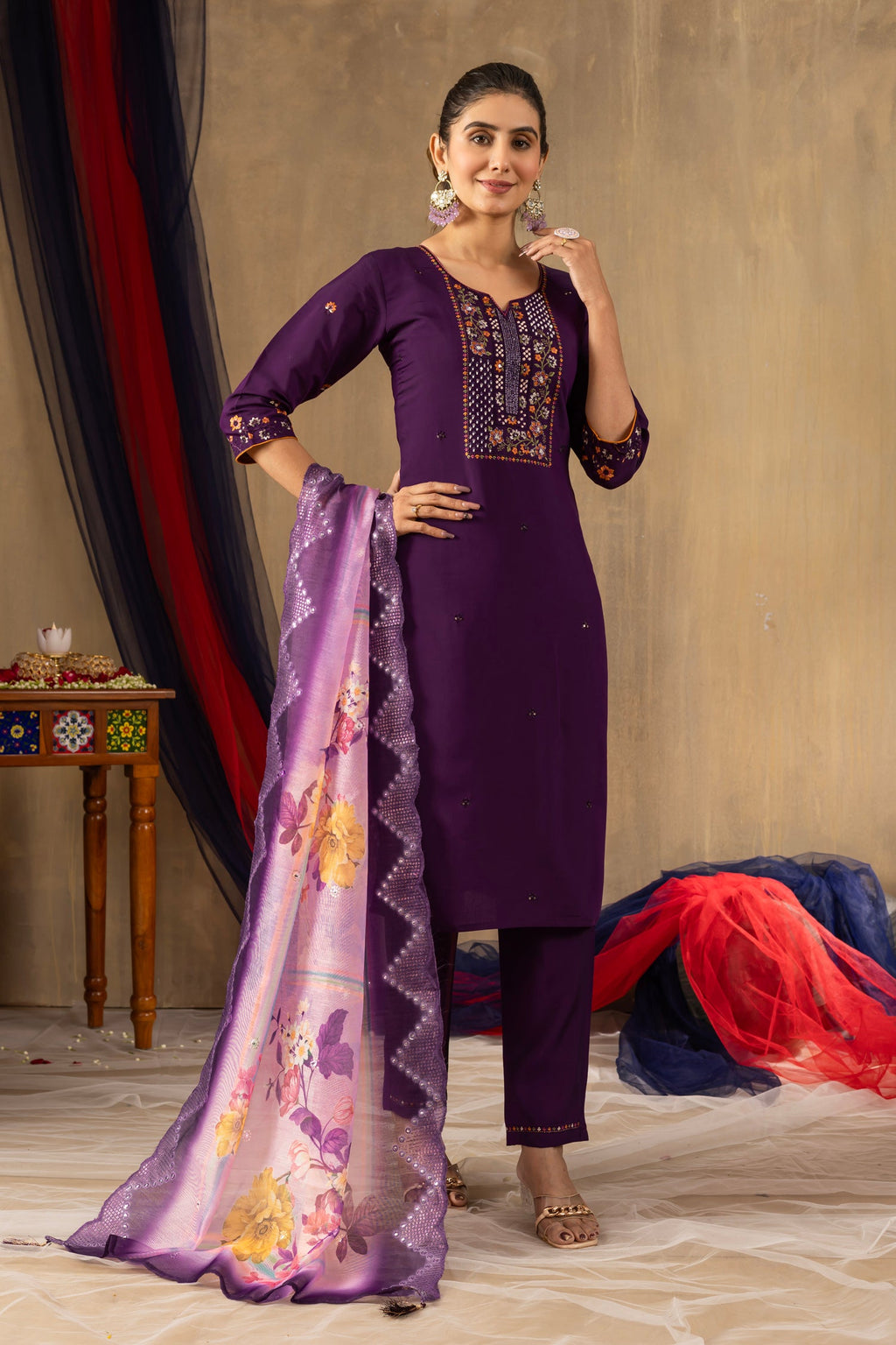 Purple Roman Silk Kurta Set with Multi-Thread Embroidery & Sequins