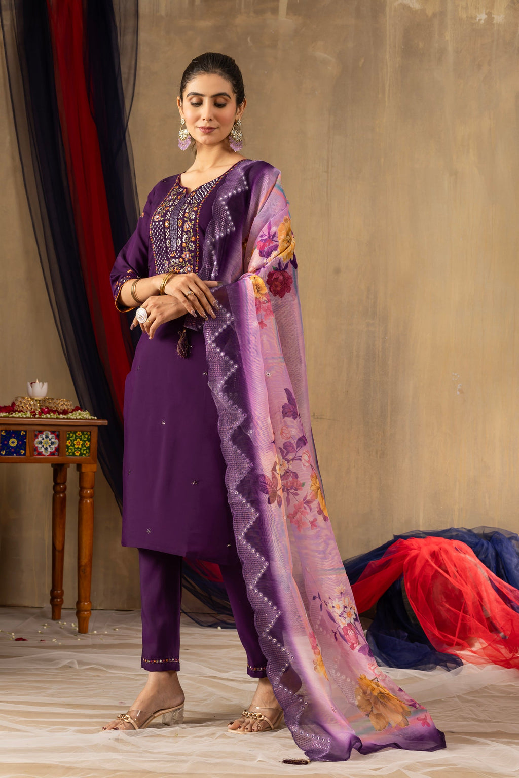 Purple Roman Silk Kurta Set with Multi-Thread Embroidery & Sequins