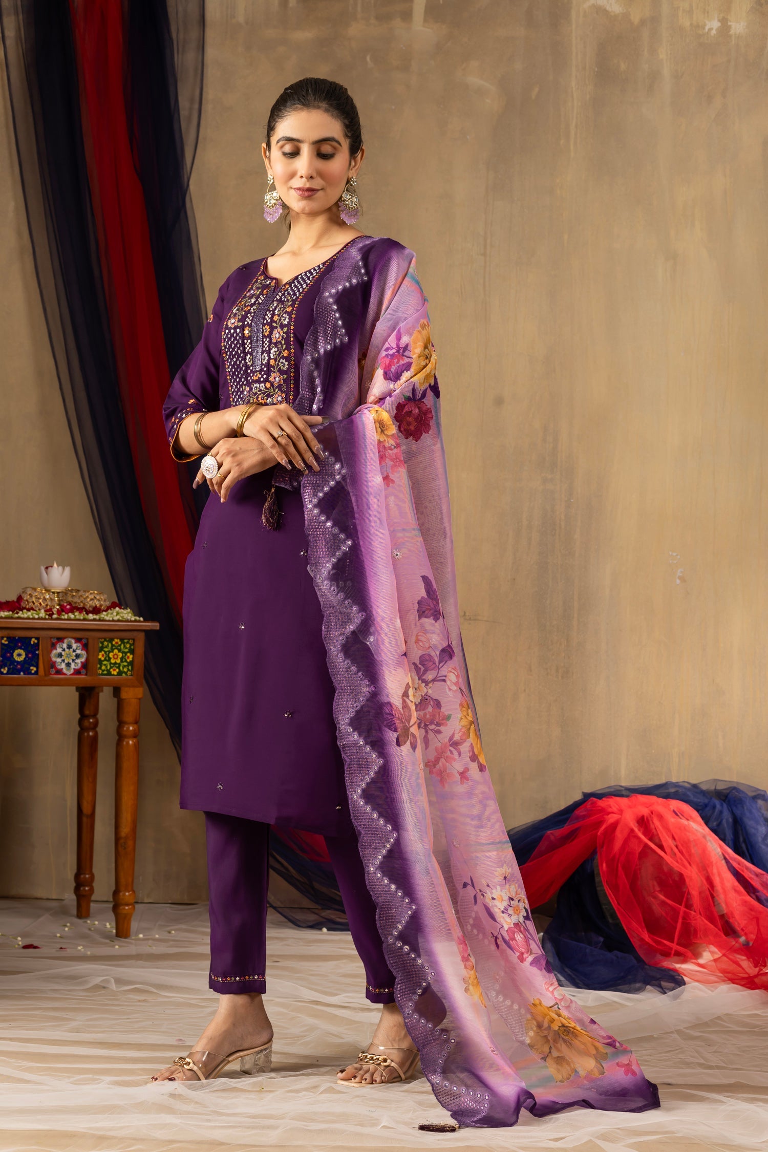 Purple Roman Silk Kurta Set with Multi-Thread Embroidery & Sequins