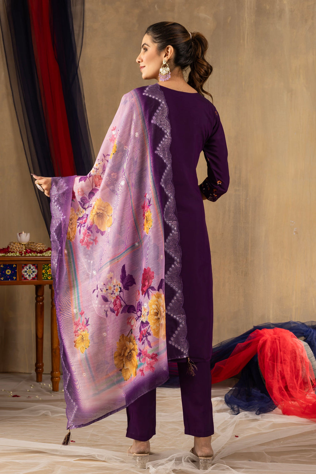 Purple Roman Silk Kurta Set with Multi-Thread Embroidery & Sequins