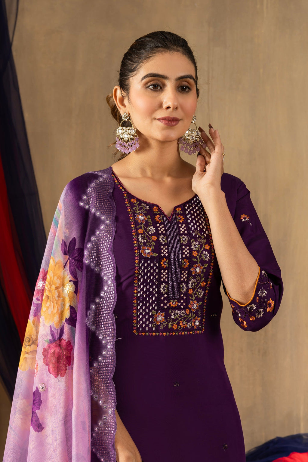 Purple Roman Silk Kurta Set with Multi-Thread Embroidery & Sequins