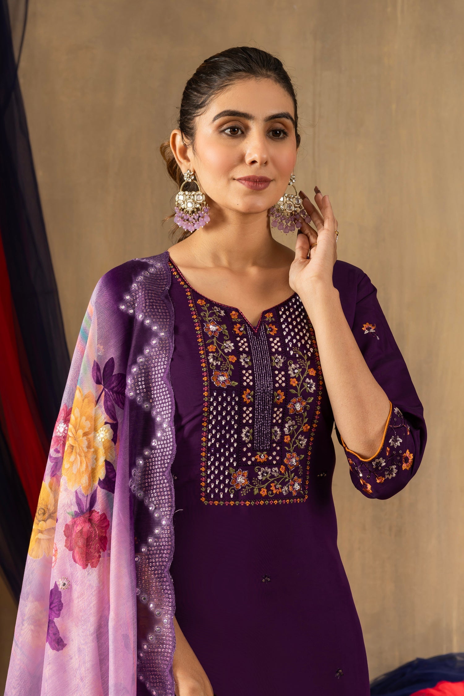 Purple Roman Silk Kurta Set with Multi-Thread Embroidery & Sequins