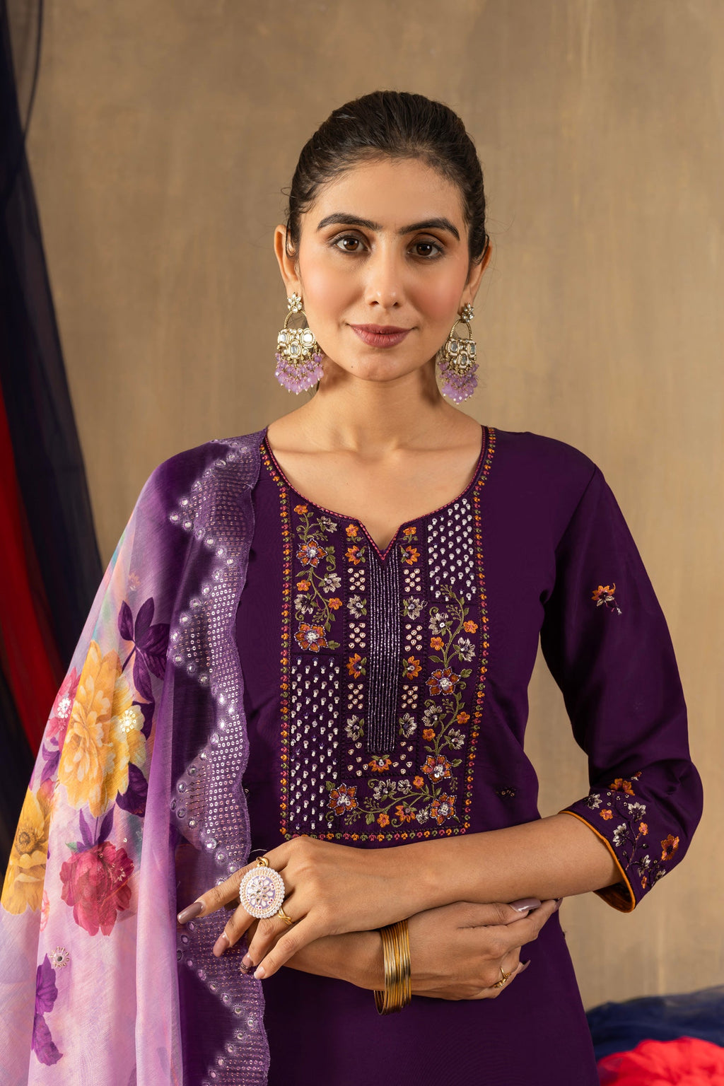 Purple Roman Silk Kurta Set with Multi-Thread Embroidery & Sequins