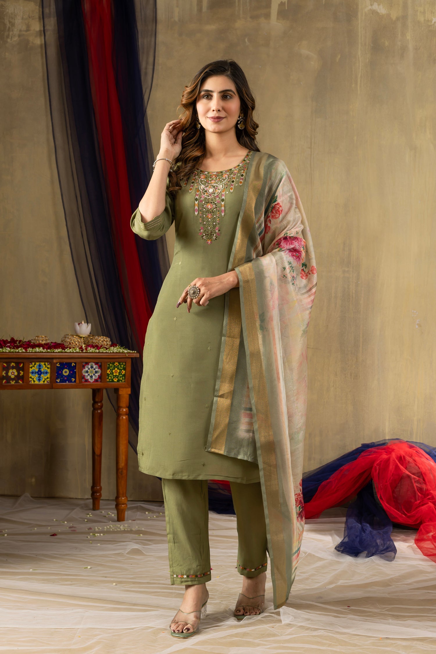 Green Shimmer Gold Silk Kurta Set with Multi-Thread Embroidery