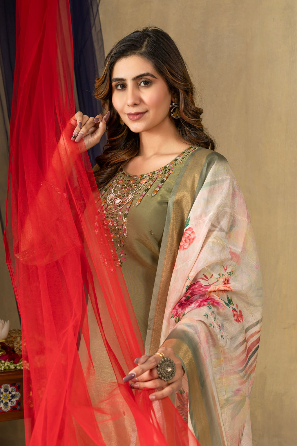 Green Shimmer Gold Silk Kurta Set with Multi-Thread Embroidery