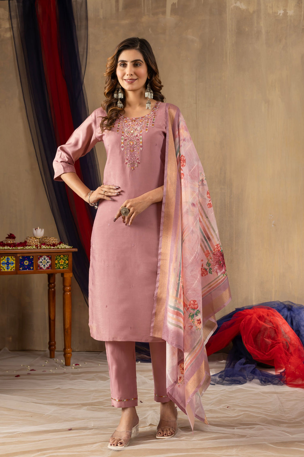Onion pink shimmer gold silk kurta set with multi-colored thread hand embroidery