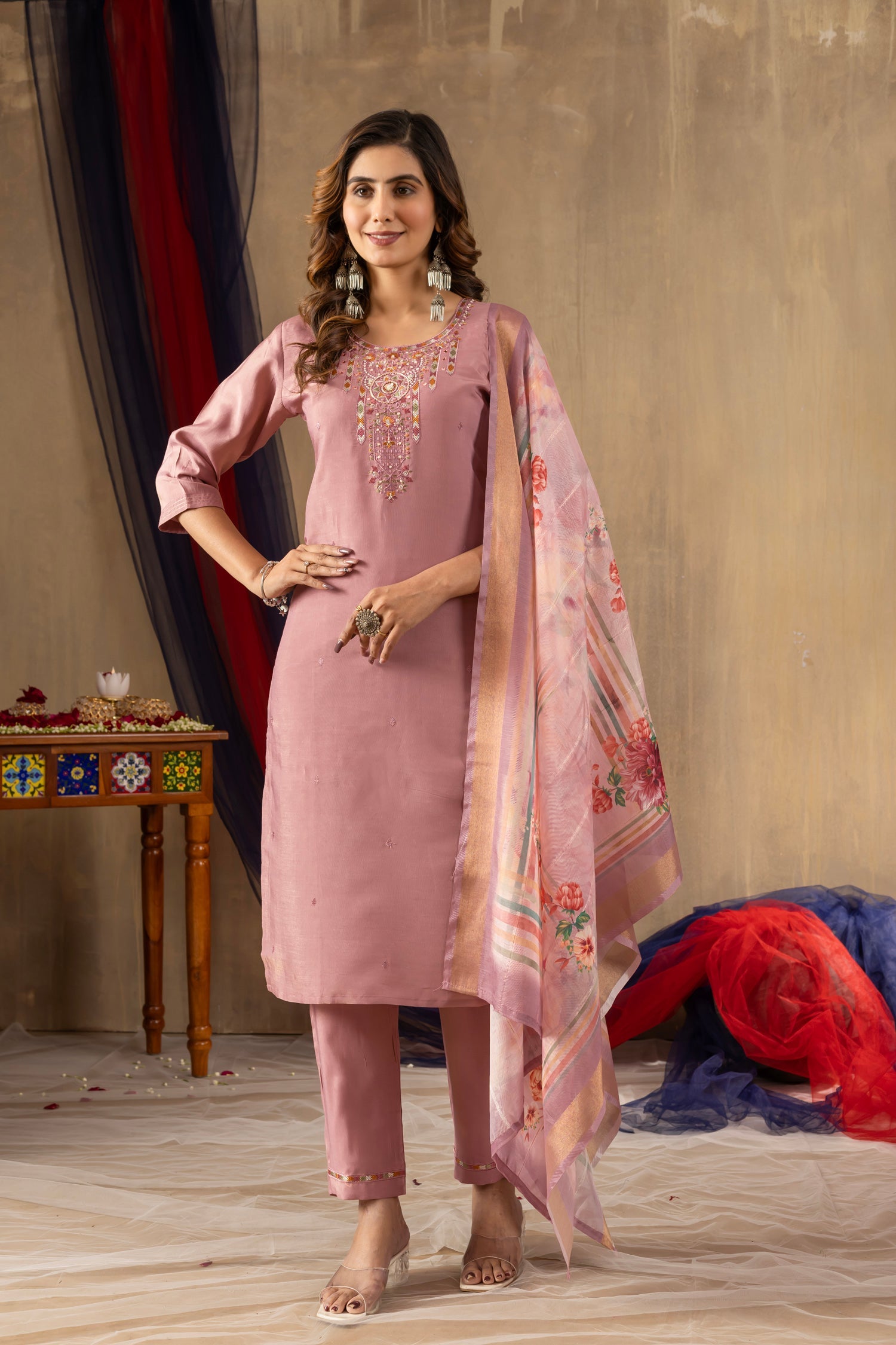 Onion pink shimmer gold silk kurta set with multi-colored thread hand embroidery