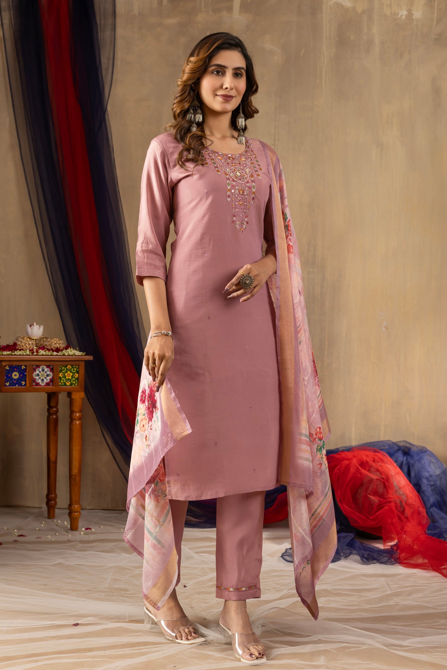 Onion Pink Shimmer Gold Silk Kurta Set with Hand Embroidery