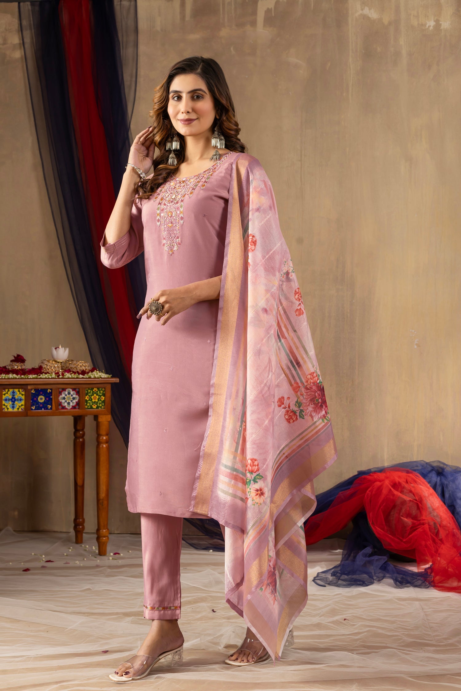 Onion Pink Shimmer Gold Silk Kurta Set with Hand Embroidery