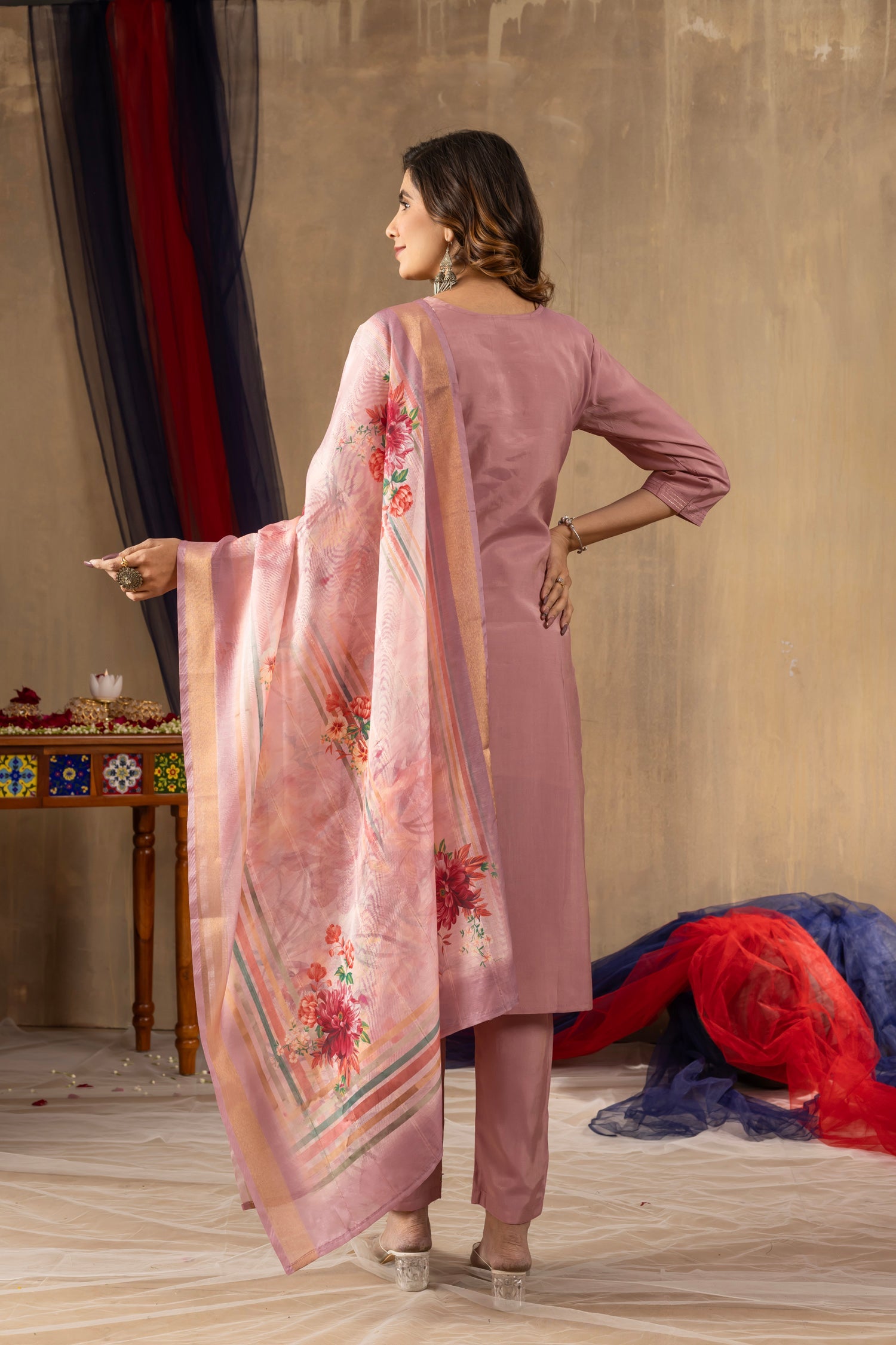 Onion Pink Shimmer Gold Silk Kurta Set with Hand Embroidery