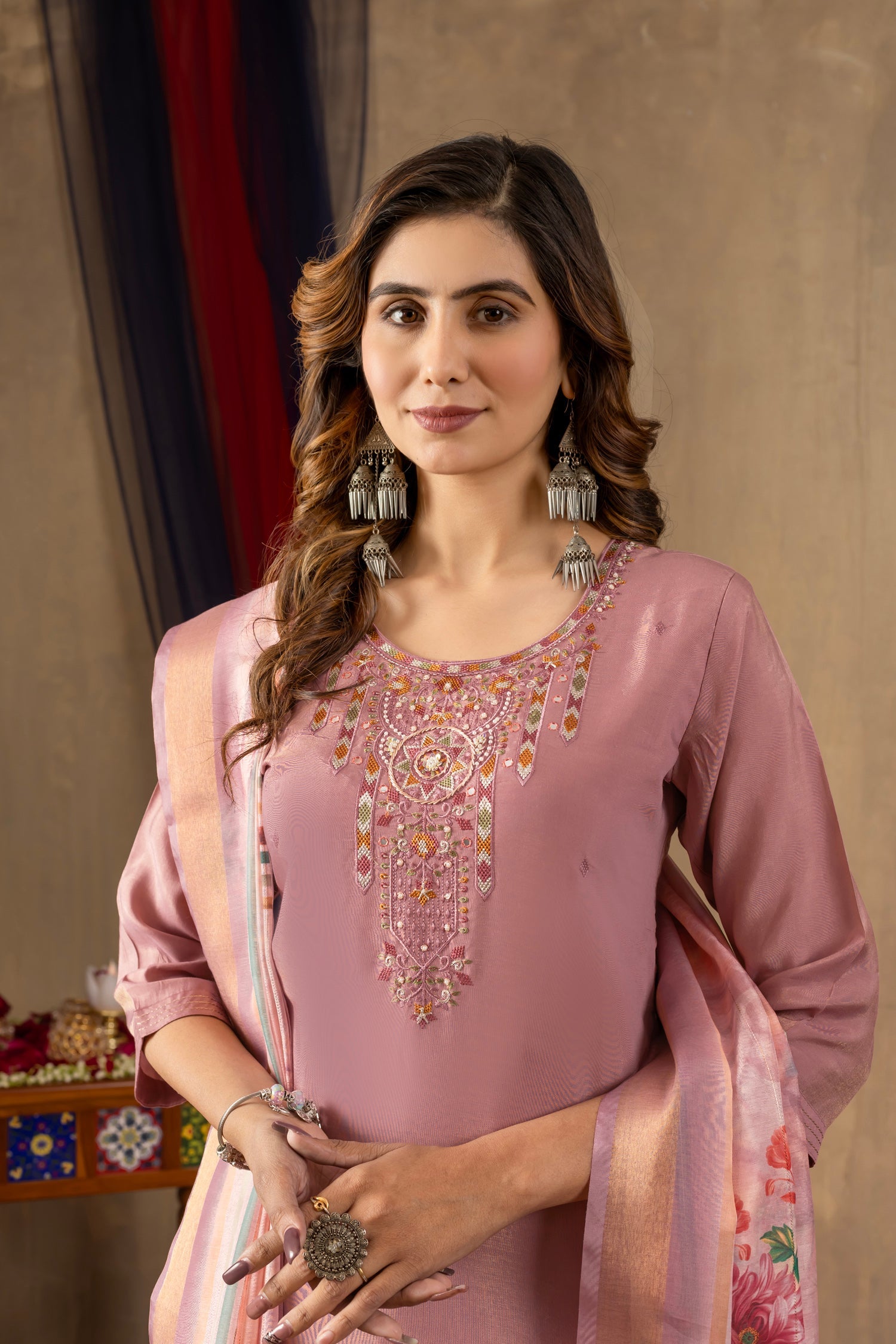 Onion Pink Shimmer Gold Silk Kurta Set with Hand Embroidery