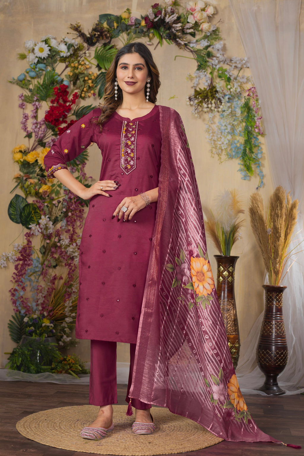 Cerise Roman Silk kurta set with multi-thread embroidery and matching pants