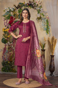 Cerise Roman Silk kurta set with multi-thread embroidery and matching pants