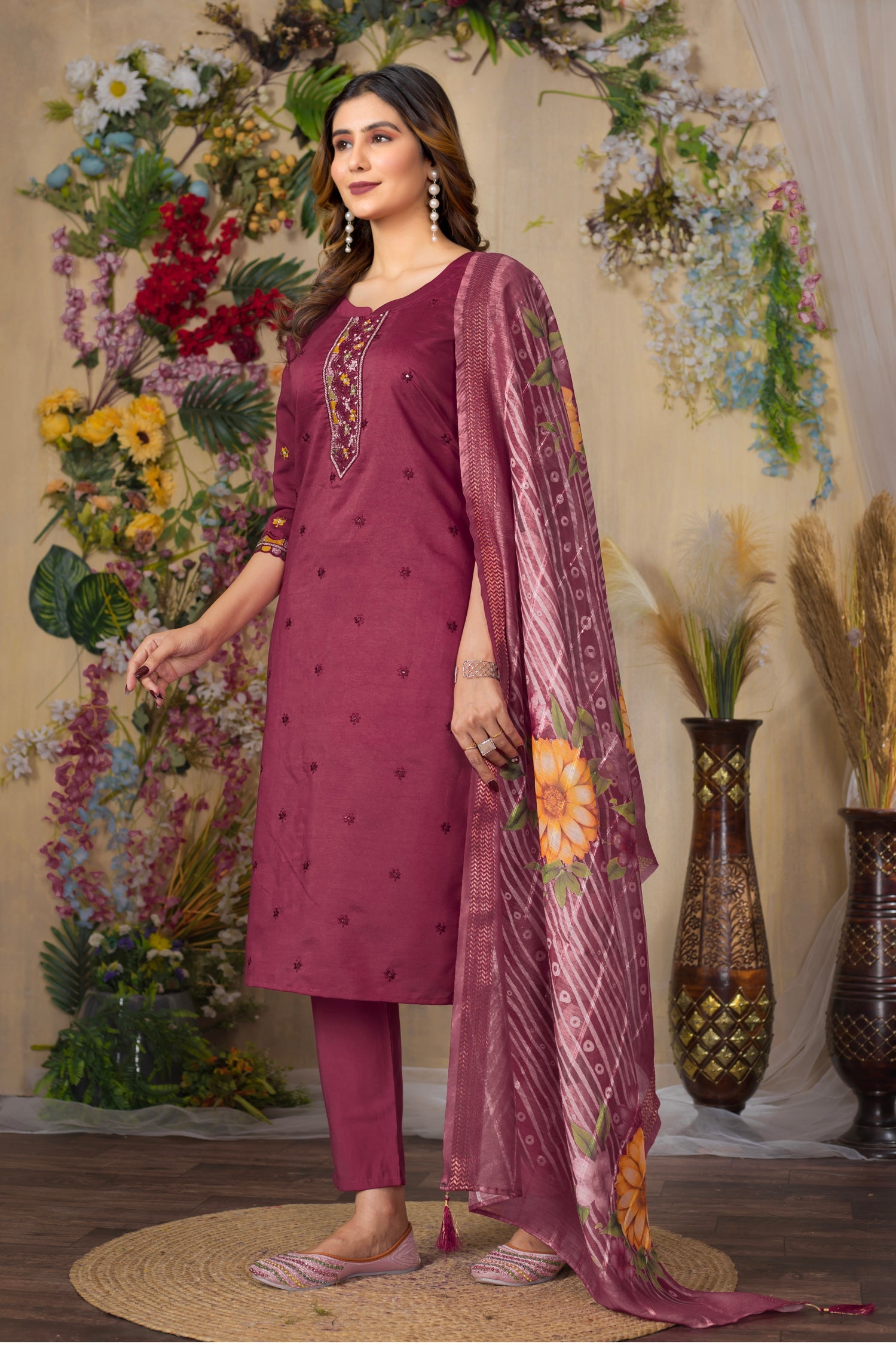 Cerise Roman Silk Kurta Set with Multi-Thread Embroidery & Handwork