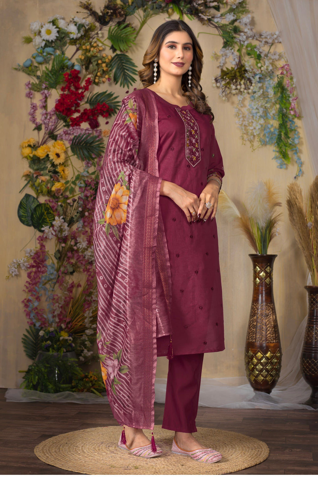 Cerise Roman Silk Kurta Set with Multi-Thread Embroidery & Handwork