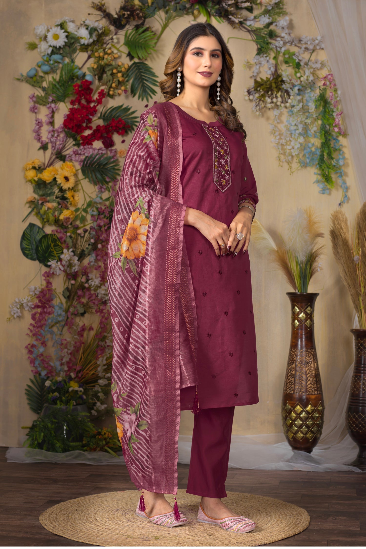 Cerise Roman Silk Kurta Set with Multi-Thread Embroidery & Handwork