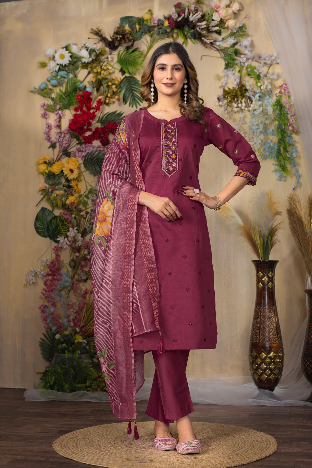 Cerise Roman Silk Kurta Set with Multi-Thread Embroidery & Handwork
