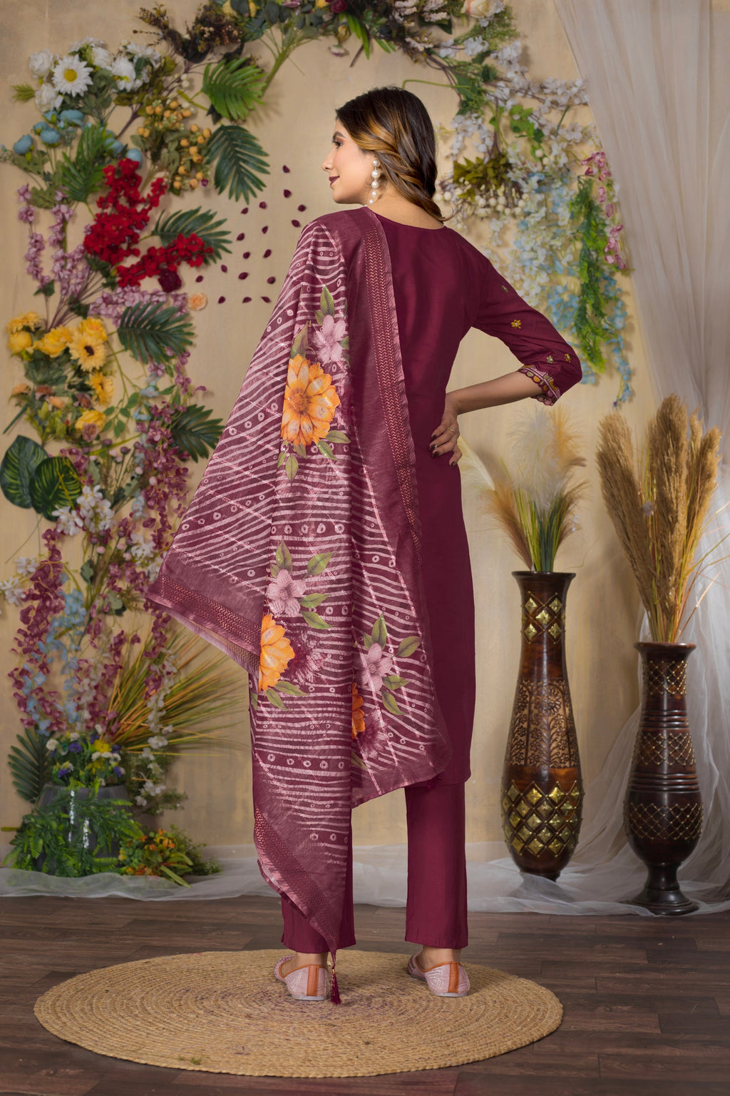 Cerise Roman Silk Kurta Set with Multi-Thread Embroidery & Handwork