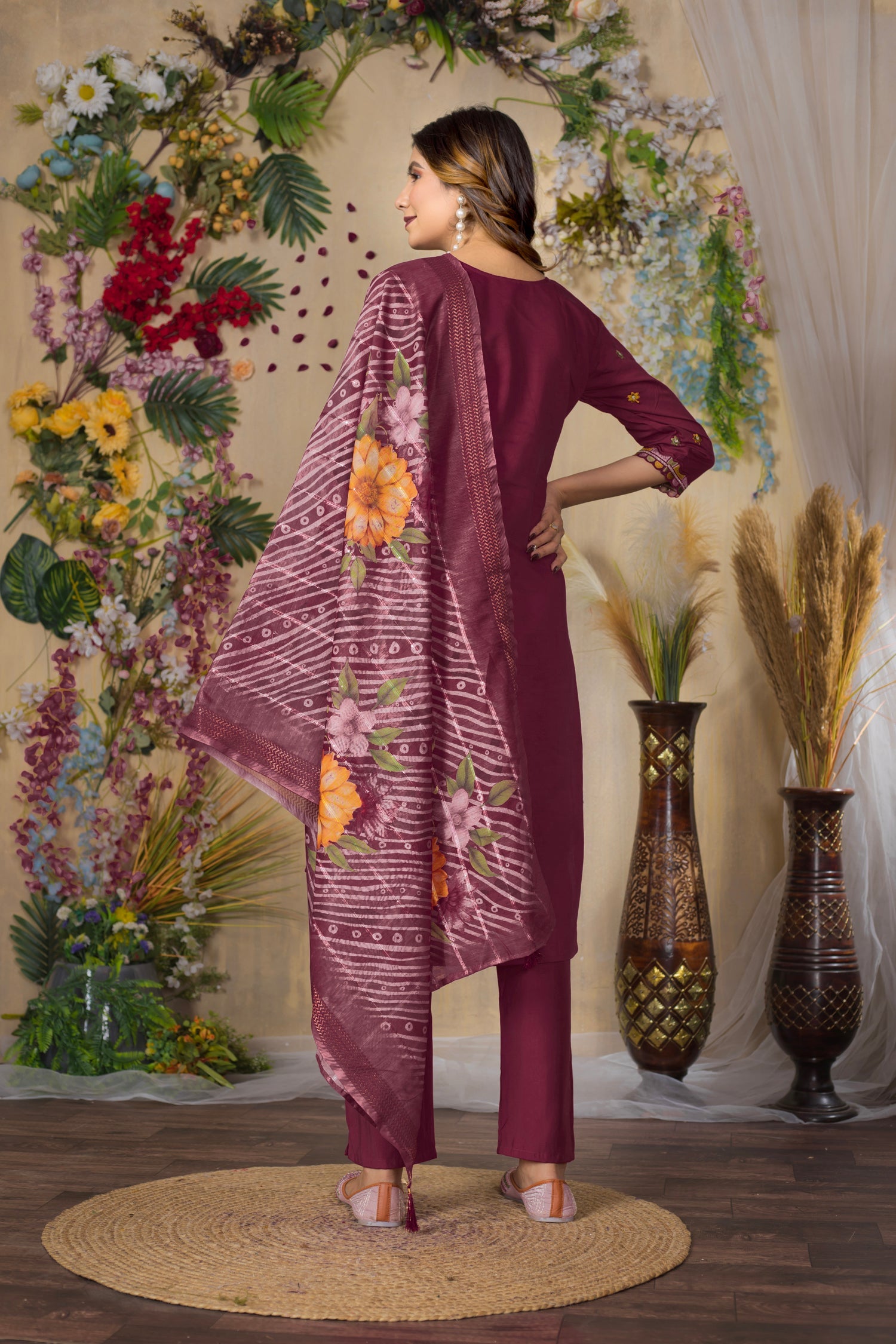 Cerise Roman Silk Kurta Set with Multi-Thread Embroidery & Handwork