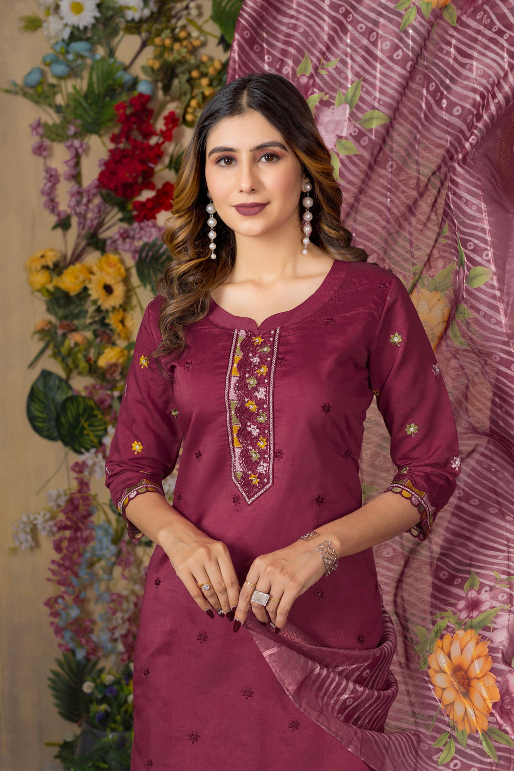 Cerise Roman Silk Kurta Set with Multi-Thread Embroidery & Handwork