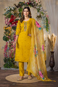 Mustard yellow Roman silk kurta pant set with intricate multi-thread embroidery.