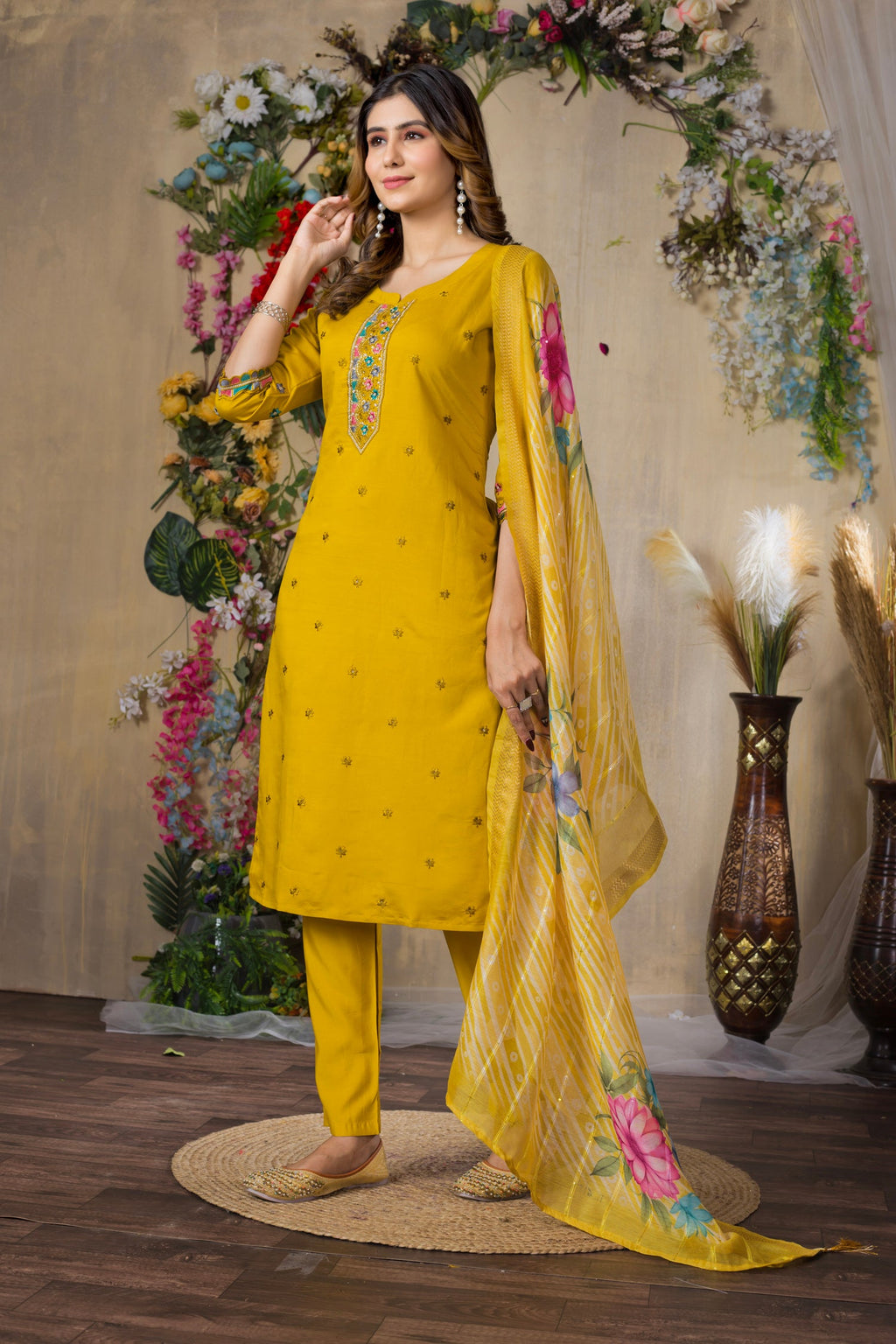 Mustard Roman Silk Kurta Pant Set With Multi Thread Embroidery