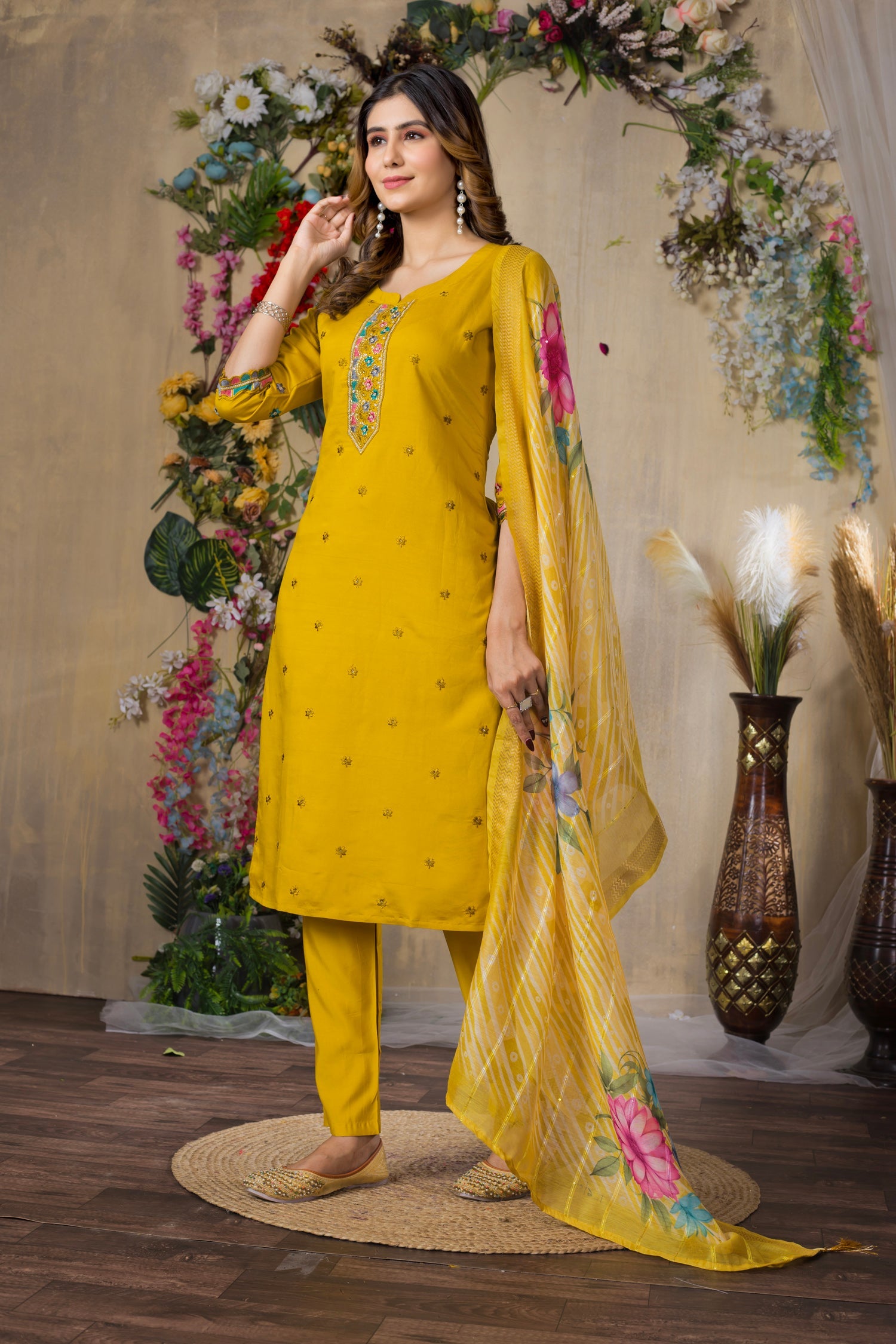 Mustard Roman Silk Kurta Pant Set With Multi Thread Embroidery