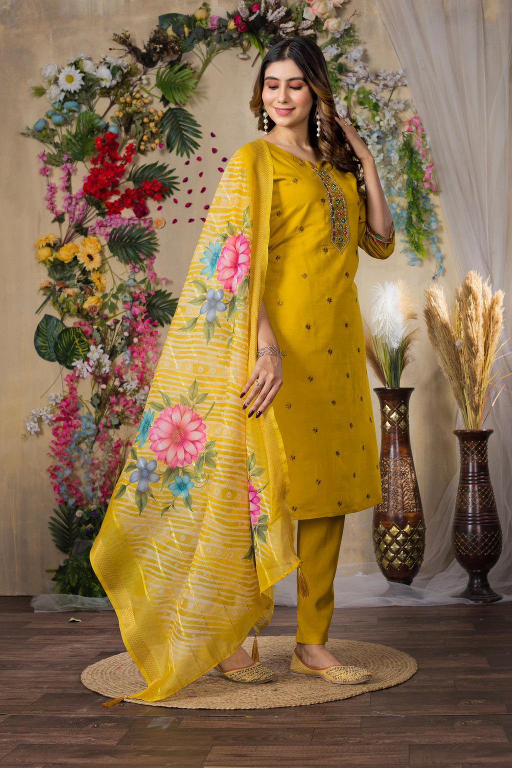 Mustard Roman Silk Kurta Pant Set With Multi Thread Embroidery