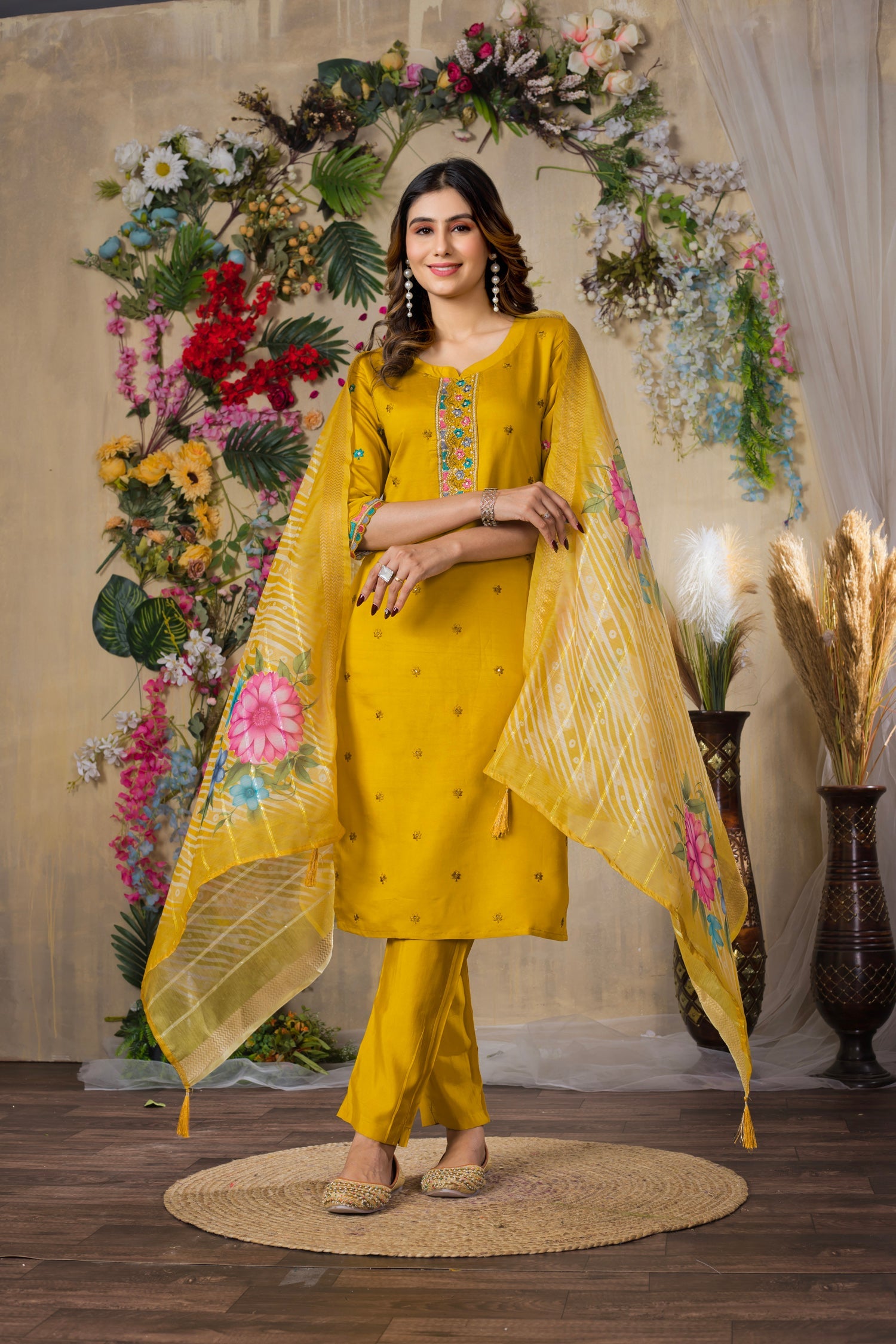 Mustard Roman Silk Kurta Pant Set With Multi Thread Embroidery