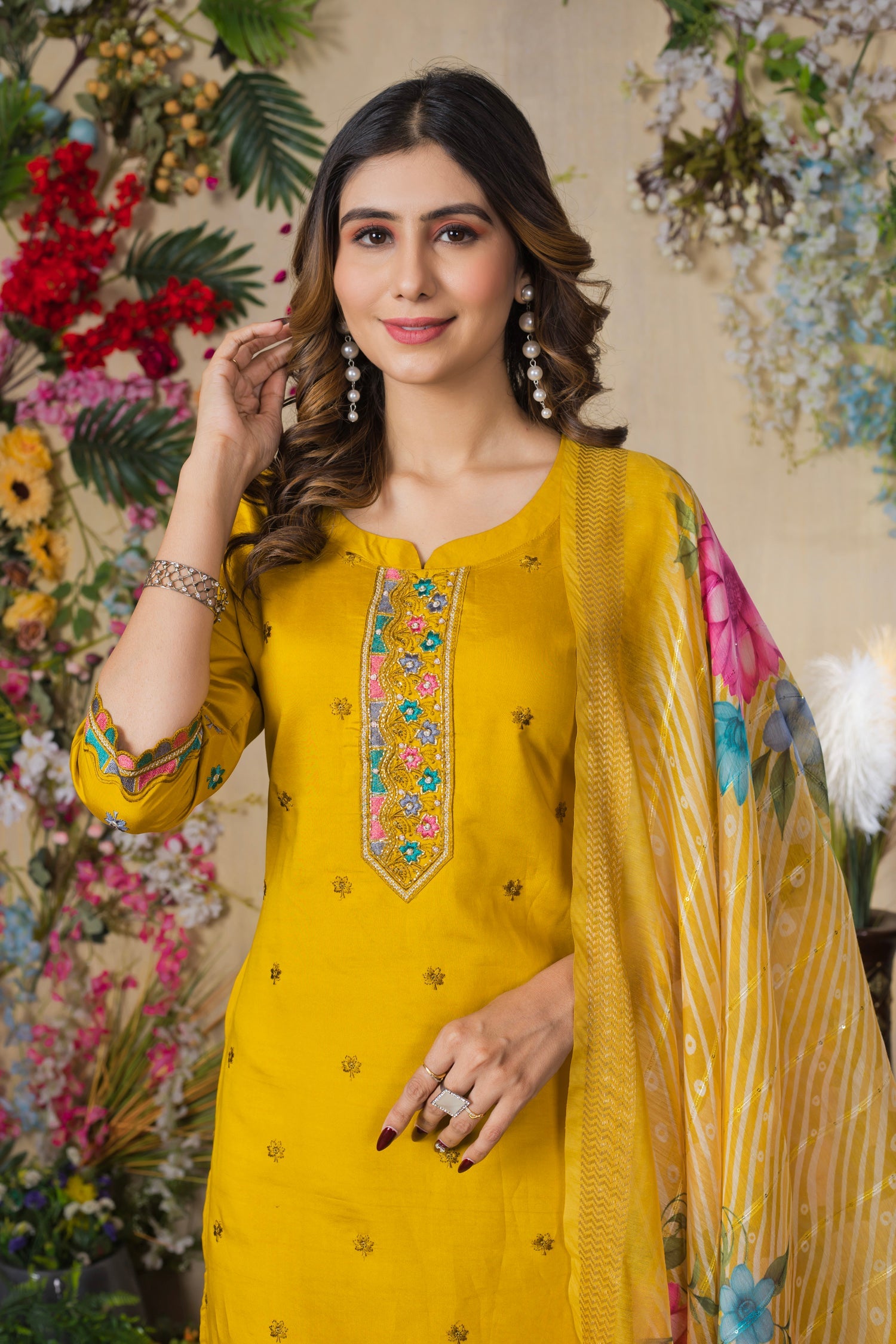 Mustard Roman Silk Kurta Pant Set With Multi Thread Embroidery