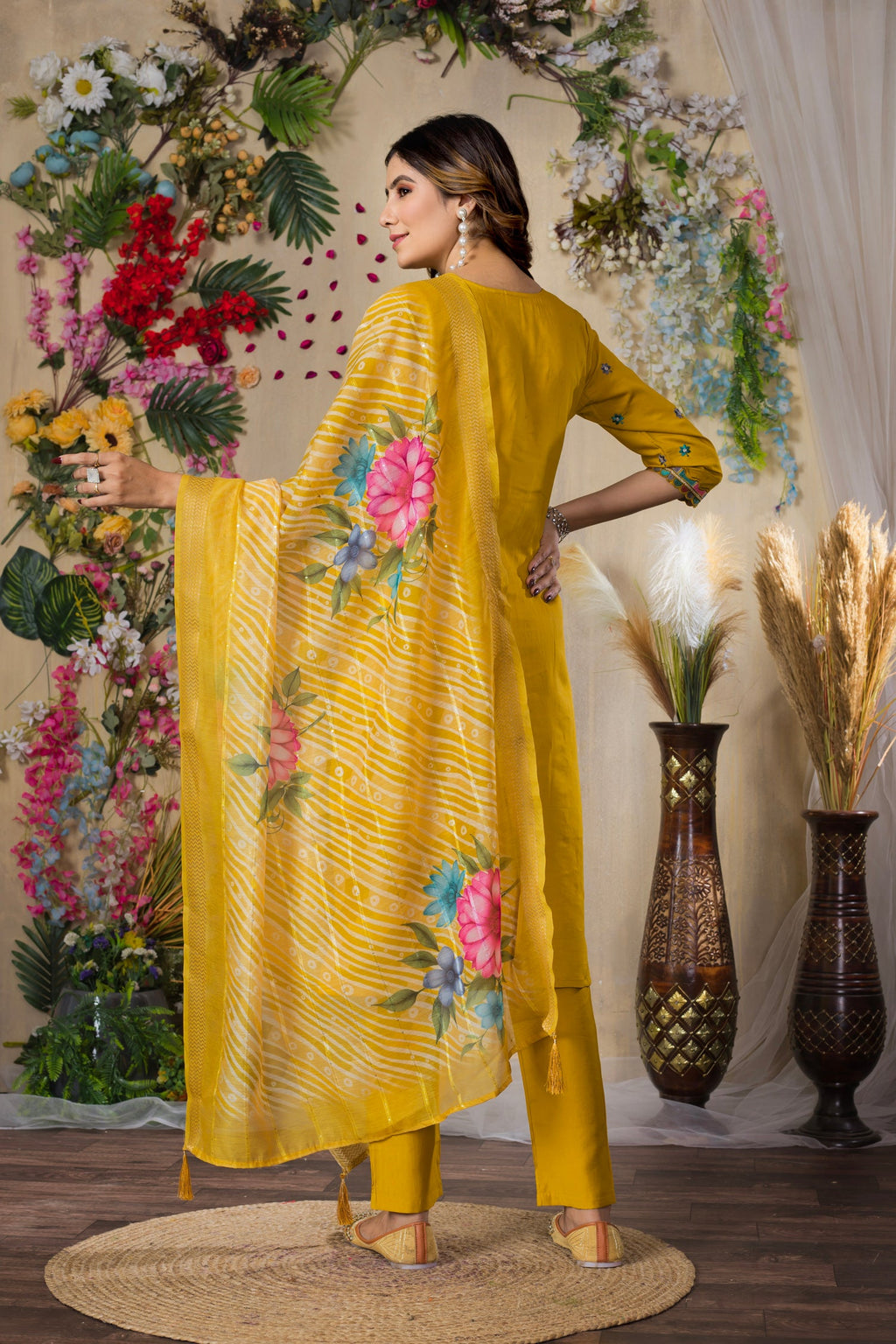 Mustard Roman Silk Kurta Pant Set With Multi Thread Embroidery