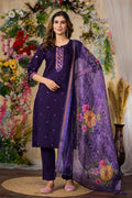 Purple Roman Silk kurta set with multi-thread embroidery, pants, and matching dupatta.