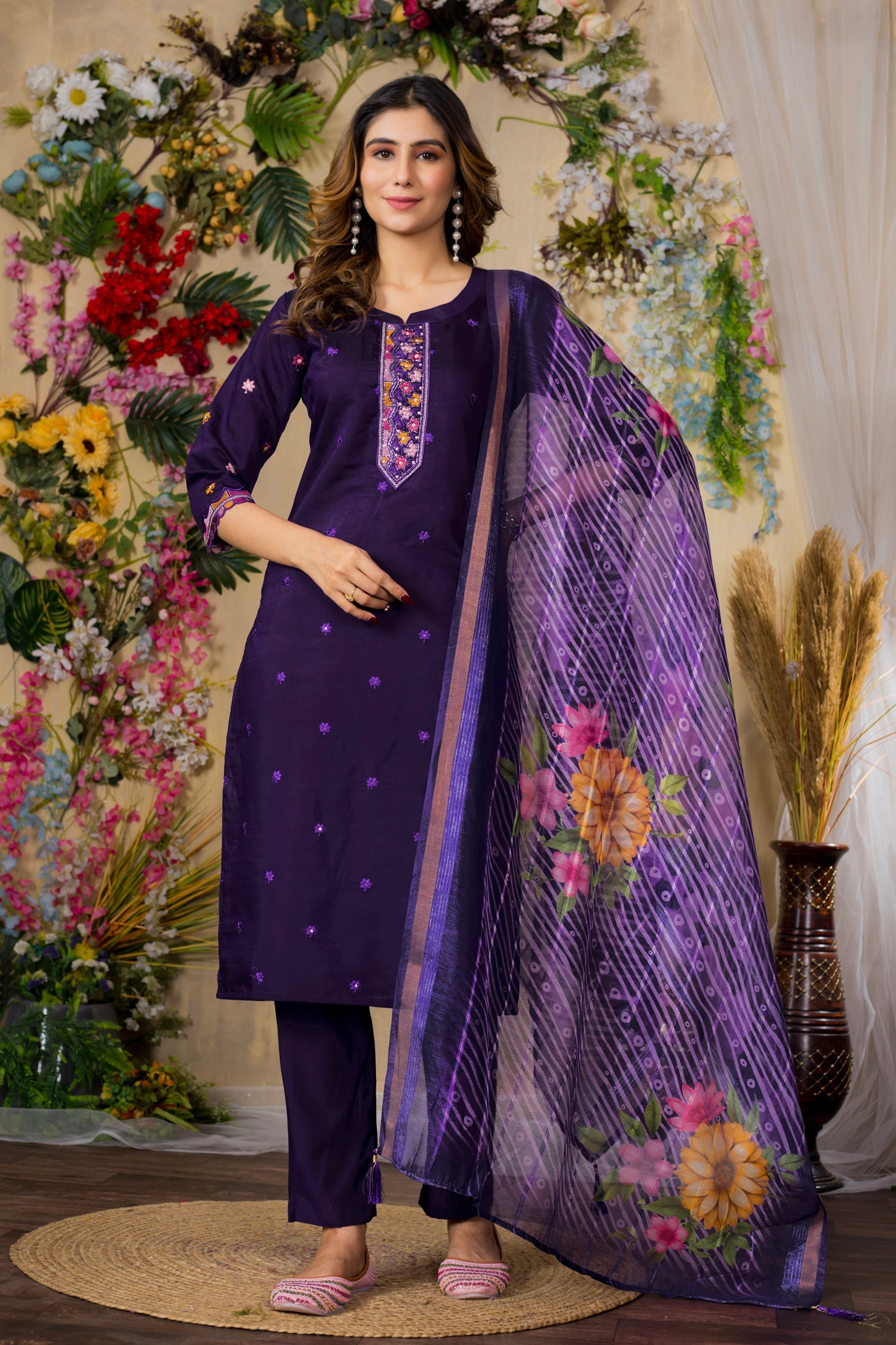 Purple Roman Silk kurta set with multi-thread embroidery, pants, and matching dupatta.
