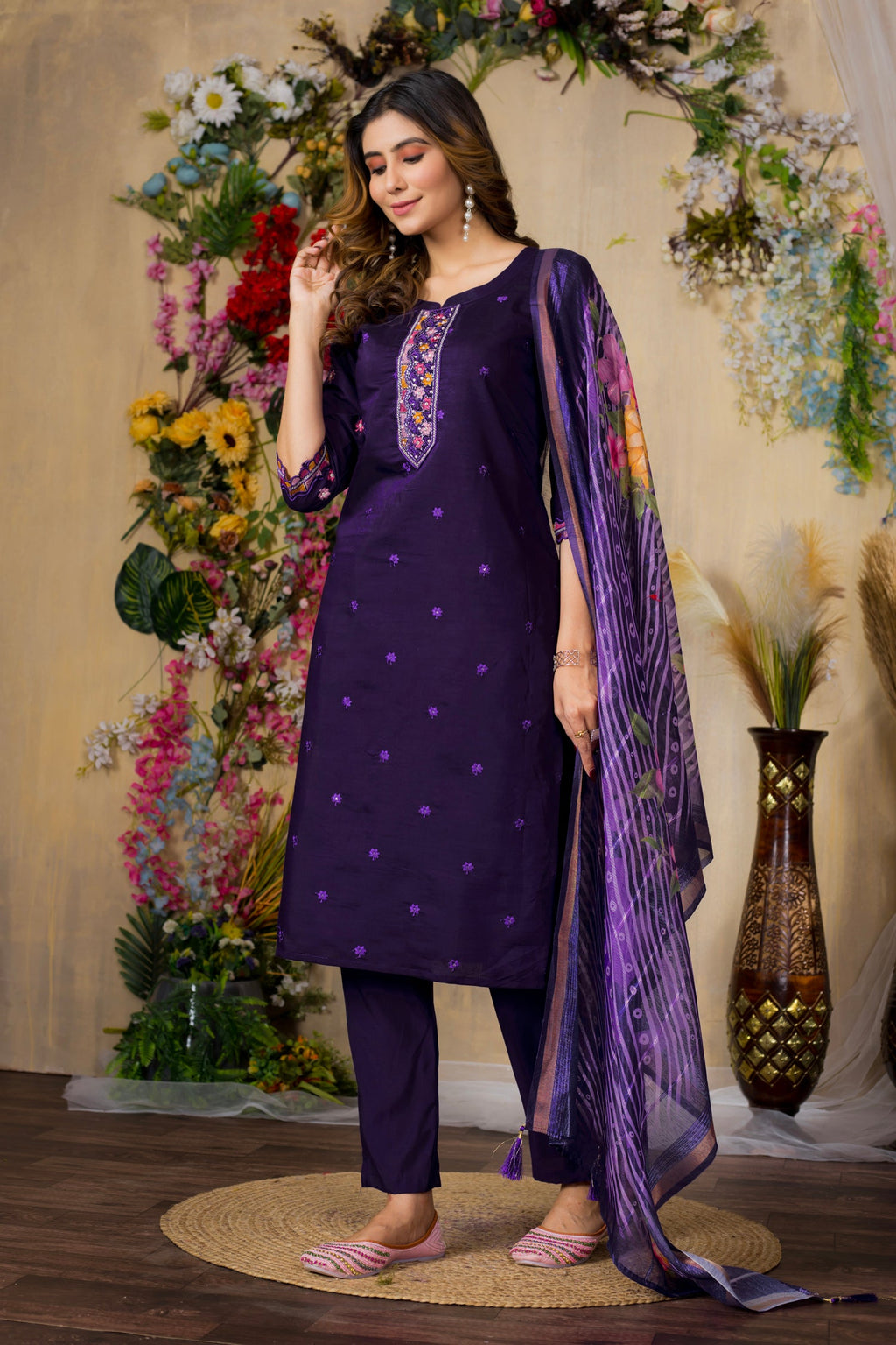 Purple Roman Silk Embroidered Kurta Pant and Dupatta Set