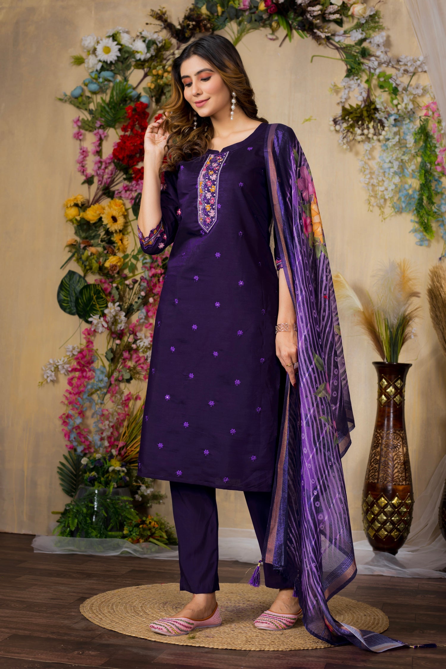 Purple Roman Silk Embroidered Kurta Pant and Dupatta Set